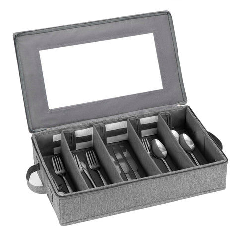 Lafulling flatware storage box with a transparent window for quick utensil discovery.