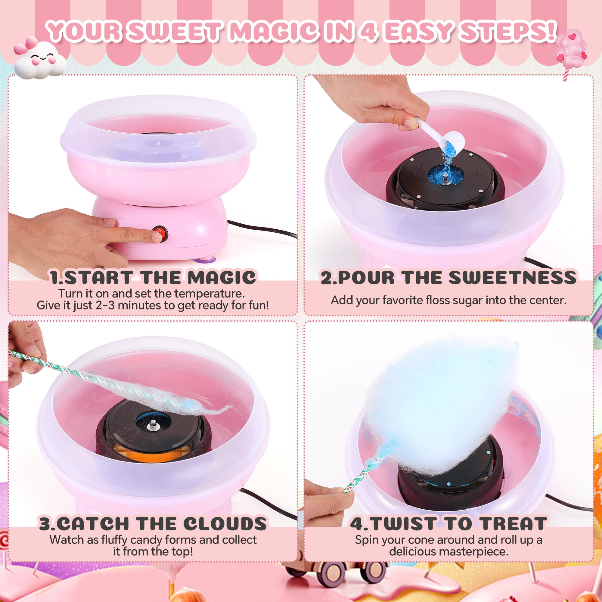 LAICAIO pink cotton candy machine contents show sticks and scoop for easy setup