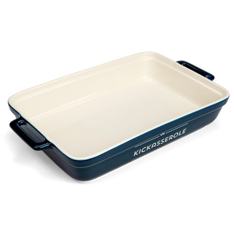 Laila and Lainey ceramic casserole dish in navy blue and white, stylish serveware
