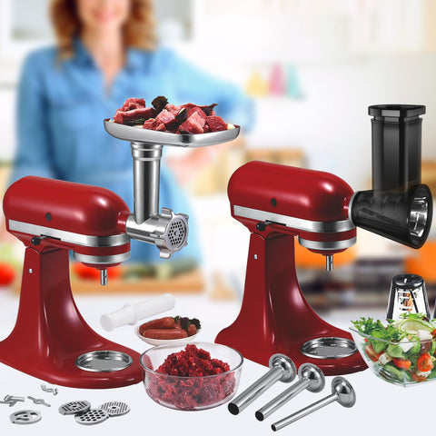 LAISGOO slicer shredder attachment for KitchenAid slices and shreds cheese and veggies.