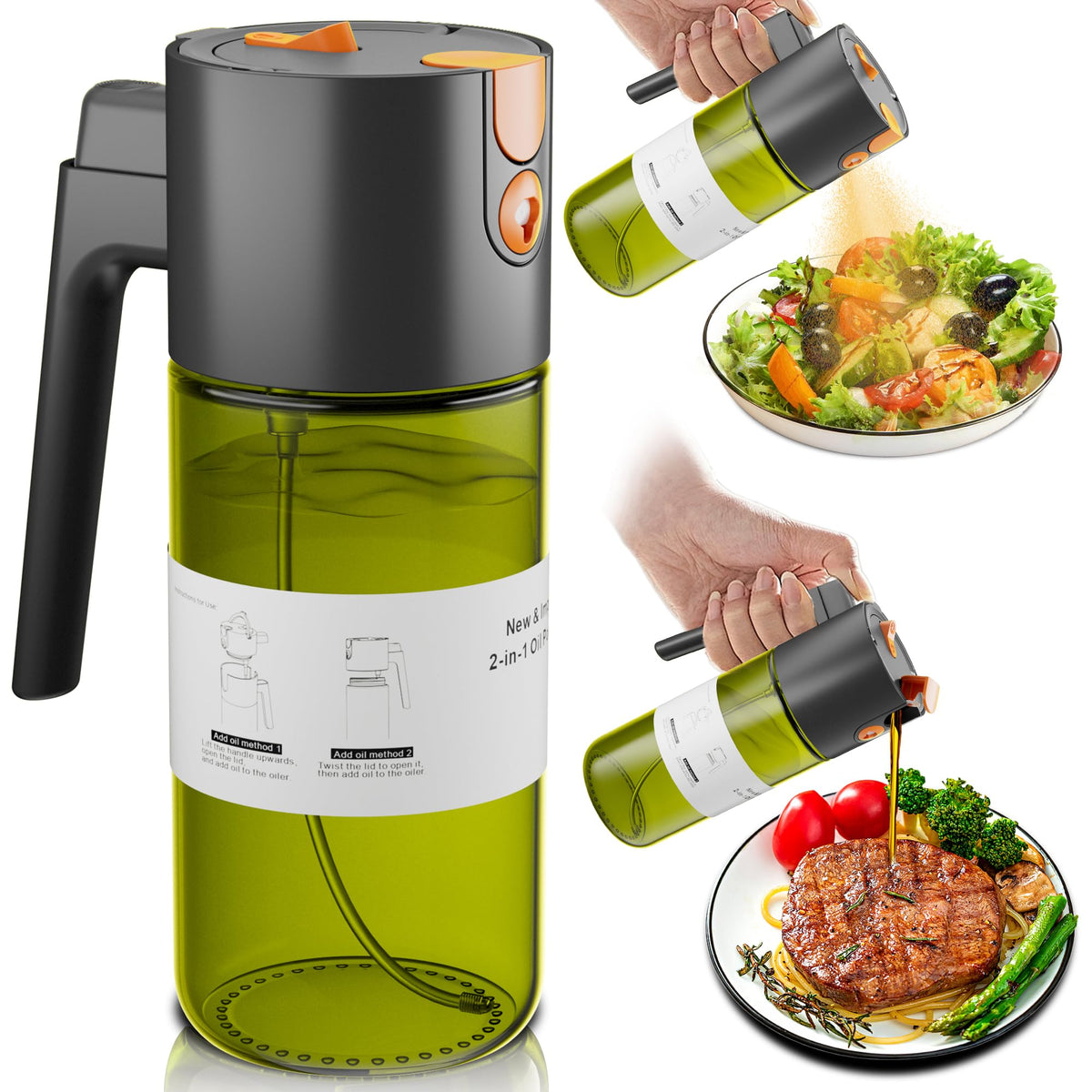 LAKUMIQI Upgrade 2-in-1 oil sprayer bottle pour demonstrates spill-free flow for cooking