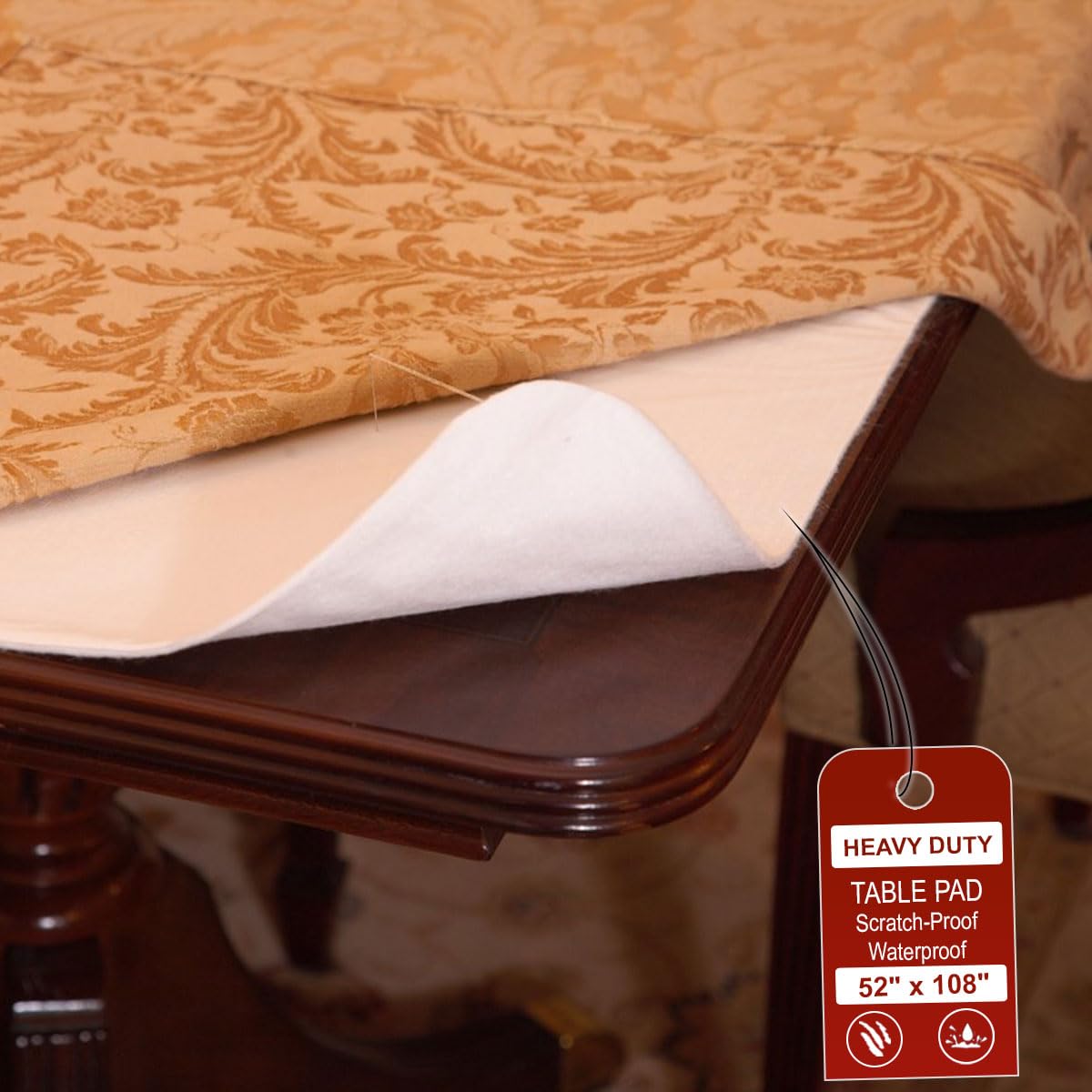 LAMINET deluxe cushioned table pad with waterproof vinyl surface protects your dining table.