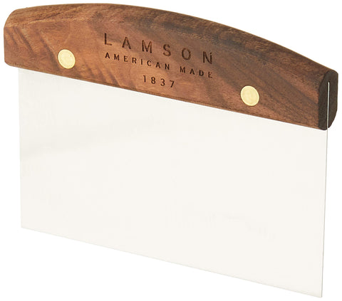 Lamson dough scraper with brass rivets and walnut handle for reliable use