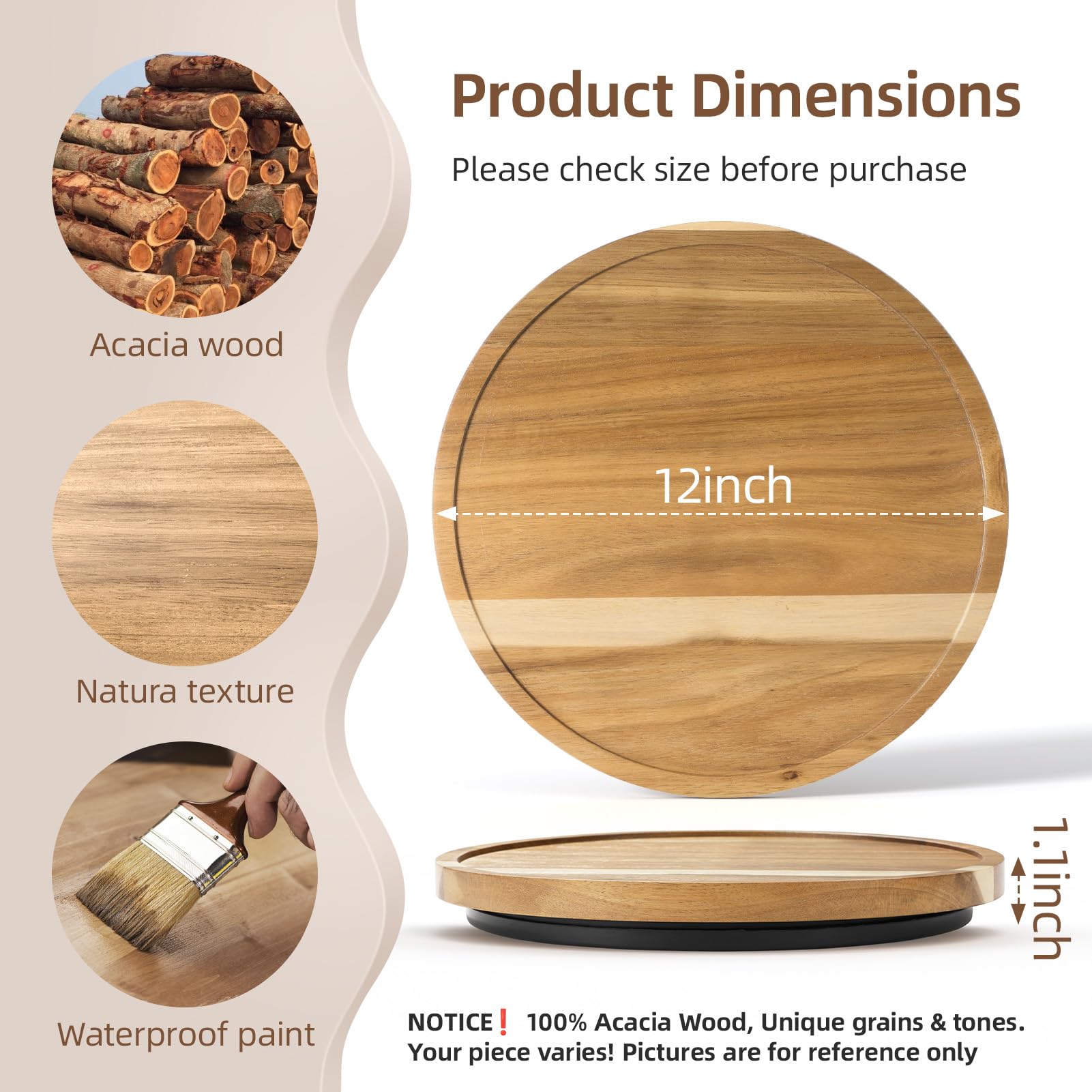 LAMU 12-inch acacia lazy susan in cabinet demonstrates compact storage