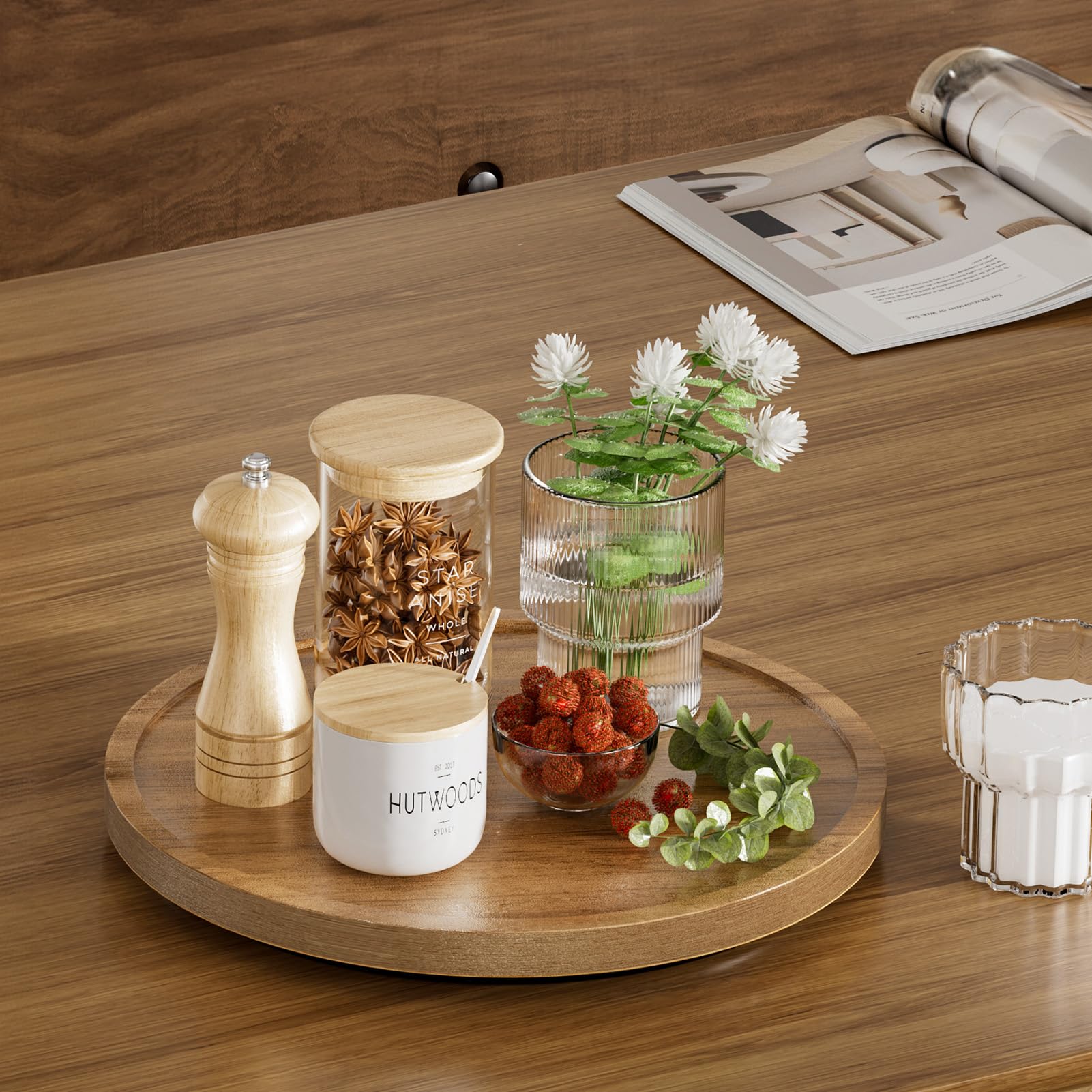 LAMU natural acacia finish offers durable storage for pantry items