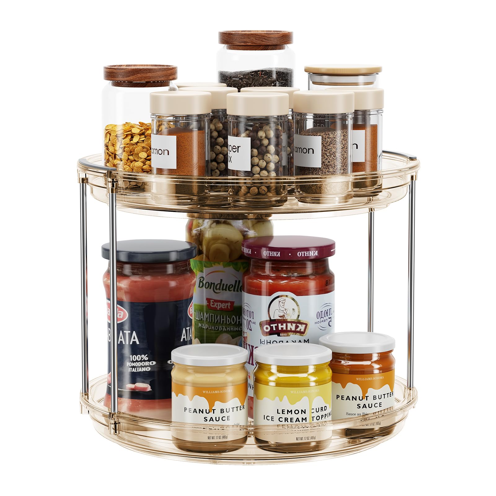LAMU 2-tier lazy susan amber-rotating-spice-rack for cabinet organization and quick spice access