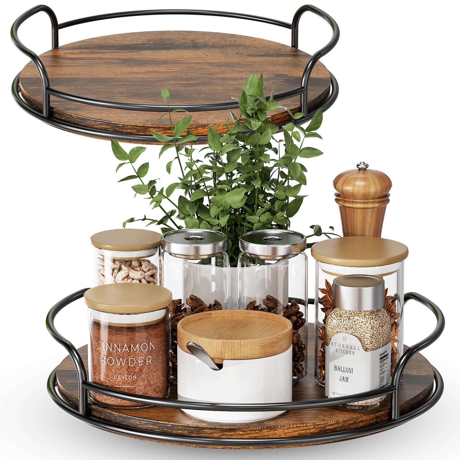 LAMU 10-inch wooden Lazy Susan turntable organizes spices with easy reach.