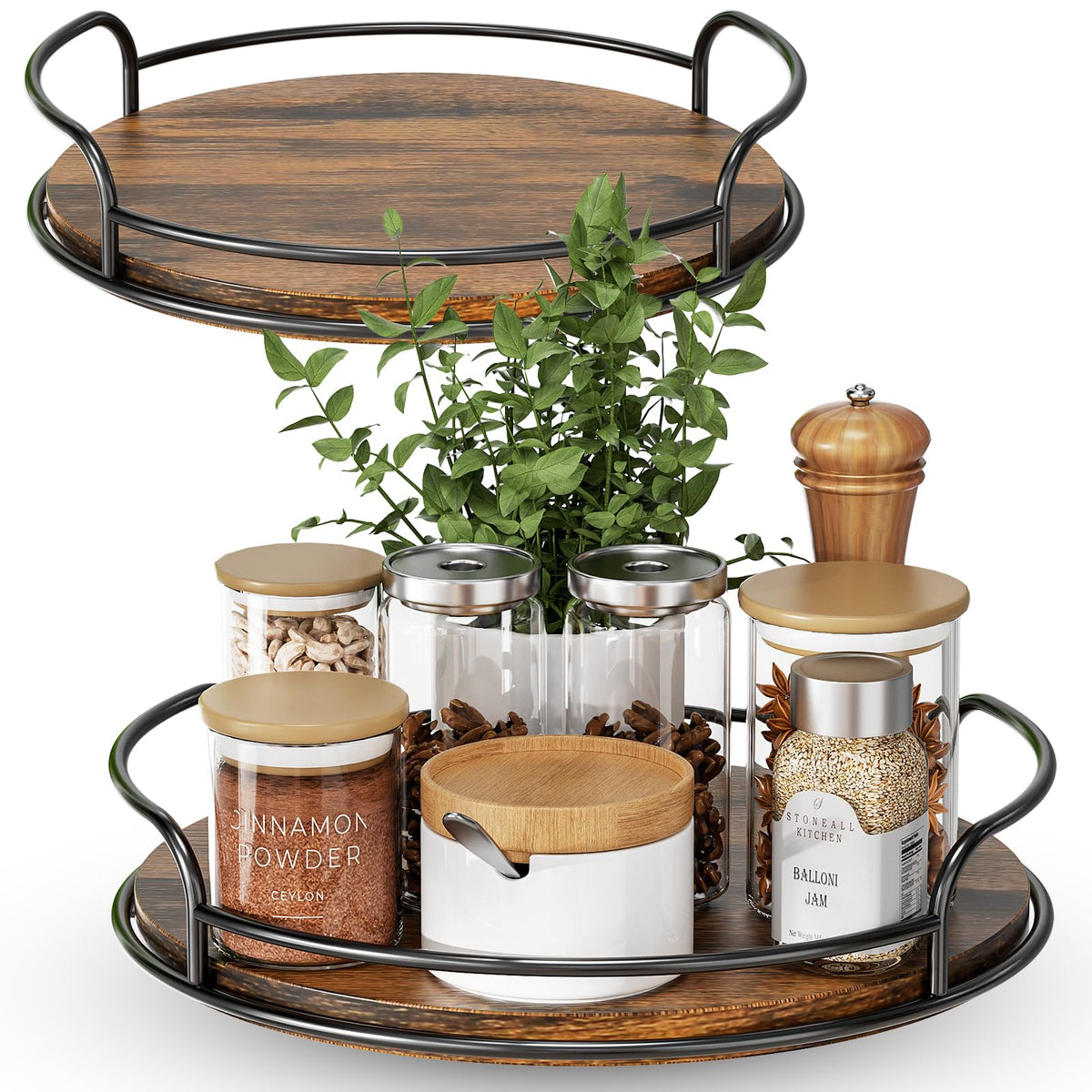 LAMU 10-inch wooden Lazy Susan turntable organizes spices with easy reach.