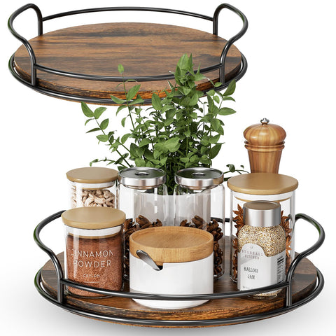 LAMU 10-inch wooden Lazy Susan turntable organizes spices with easy reach.