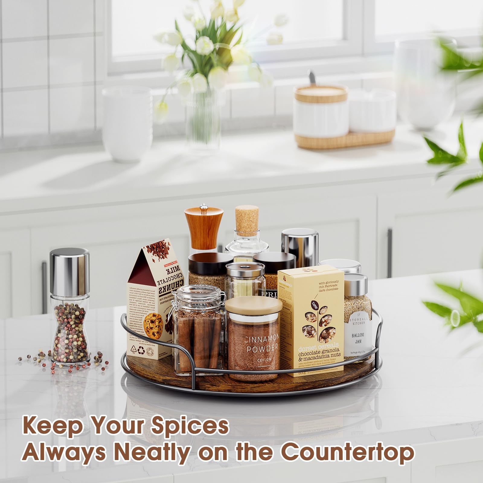 LAMU 9-inch wooden Lazy Susan provides smooth rotation for condiments.