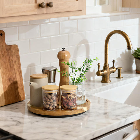 LAMU lazy susan demonstrates 360° rotation for quick spice access while cooking.