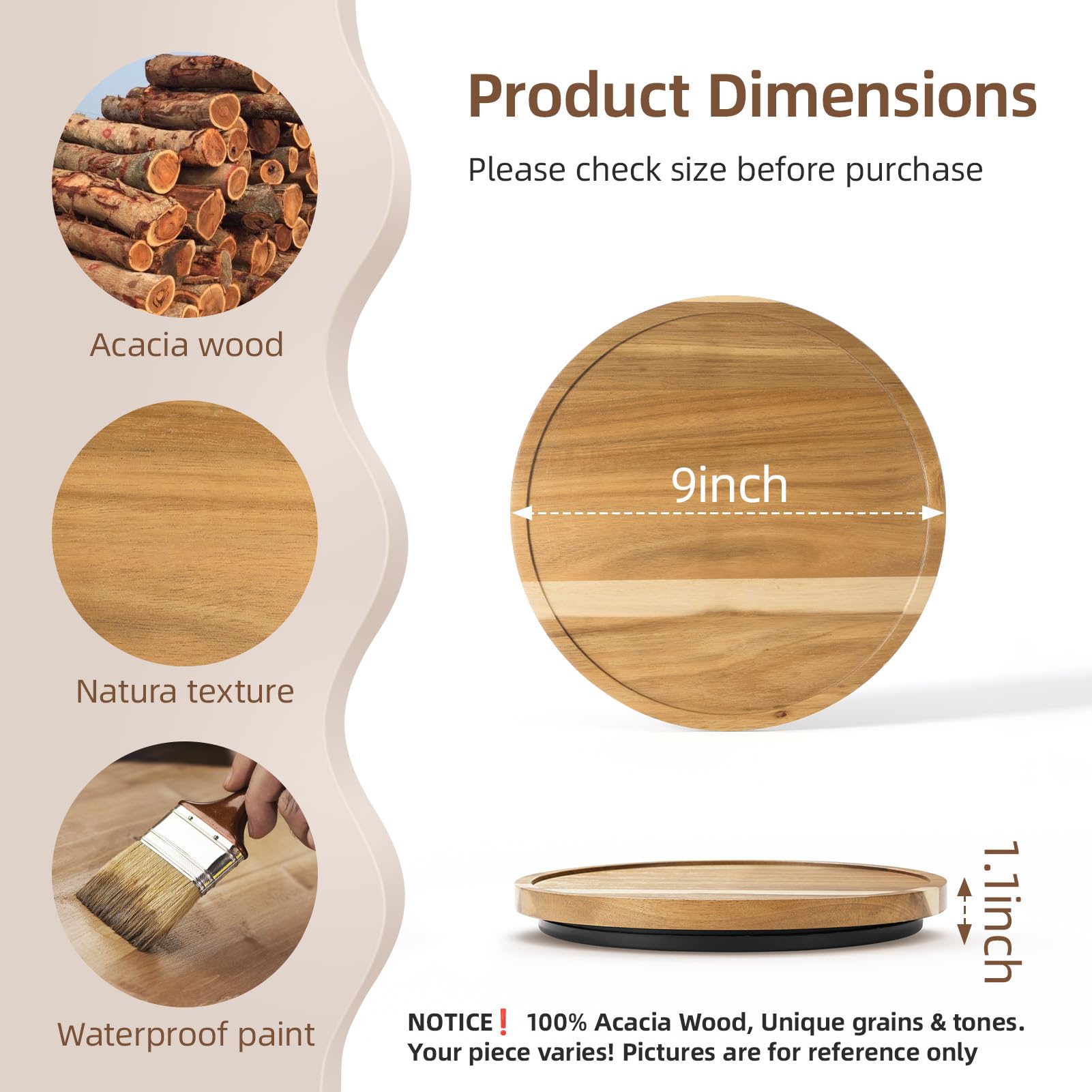 LAMU acacia wood turntable suited for cabinet storage and organized condiments.