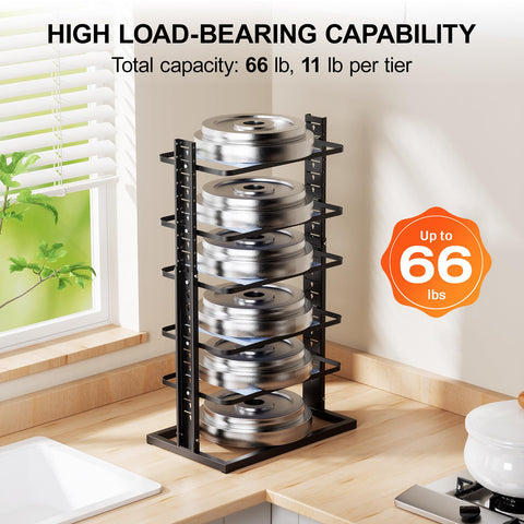LAMU adjustable-height organizer shows flexibility from 14 to 24.57 inches for 12-inch cookware.