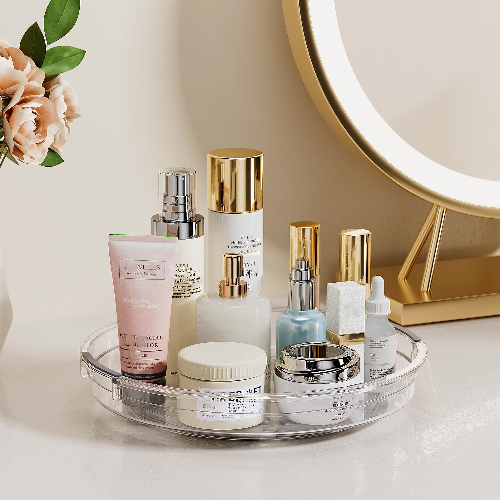 LAMU bathroom makeup organizer spins for easy access and viewing.