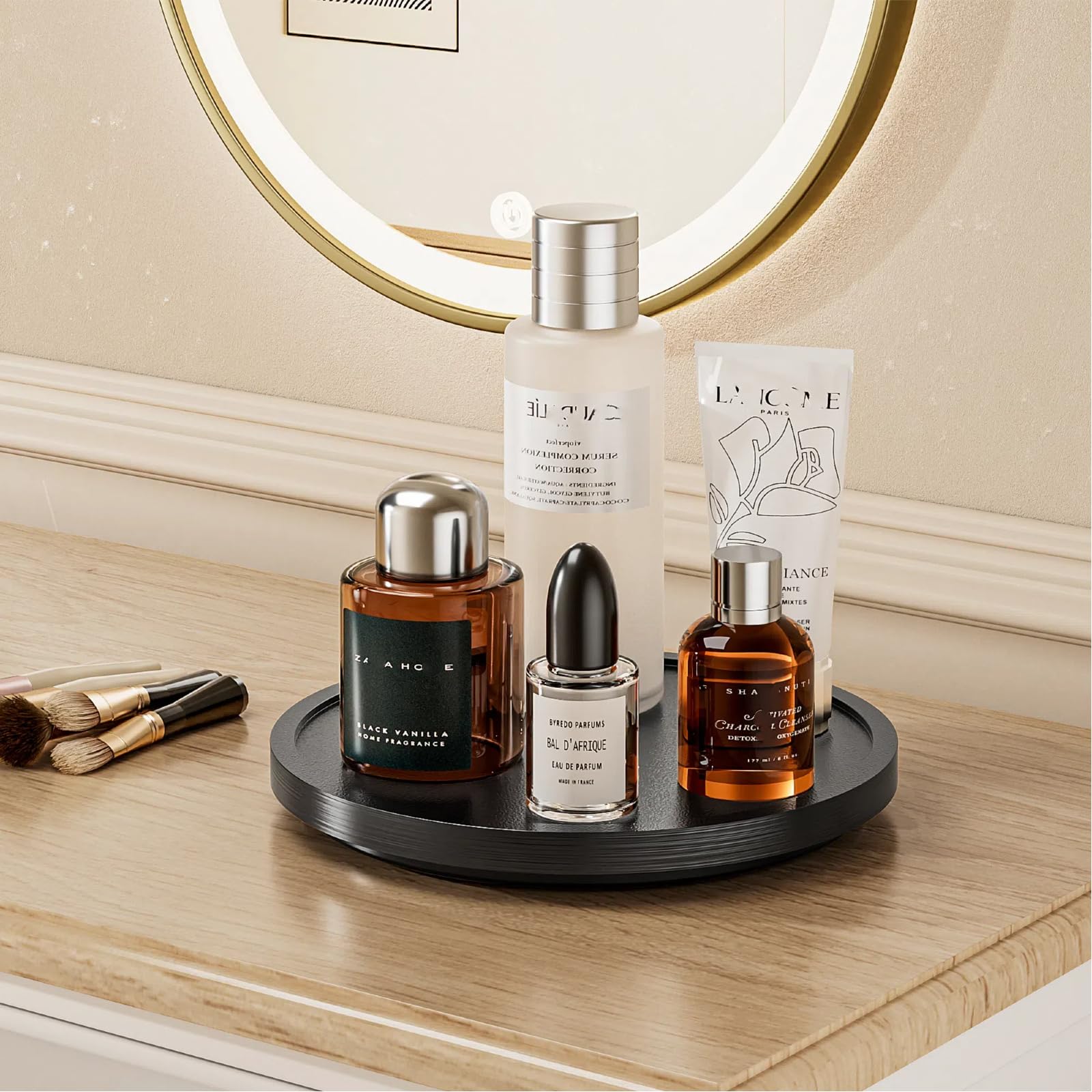 LAMU black wood lazy susan turntable on living room shelf for stylish organization.