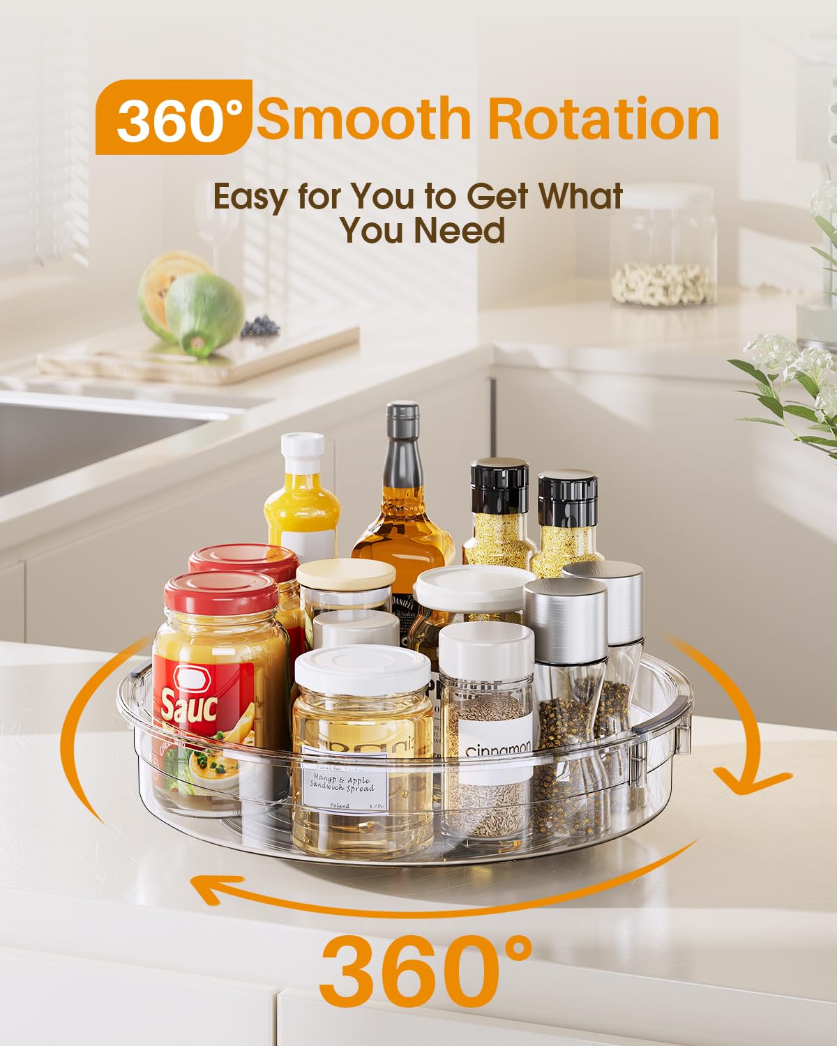 LAMU cabinet-grade Lazy Susan in clear acrylic for quick visibility and organization.