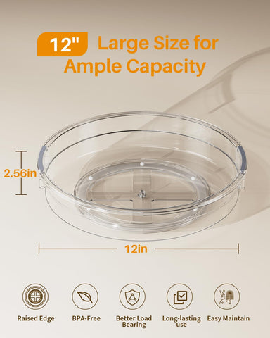LAMU clear acrylic Lazy Susan with high edges keeps items secure while rotating.