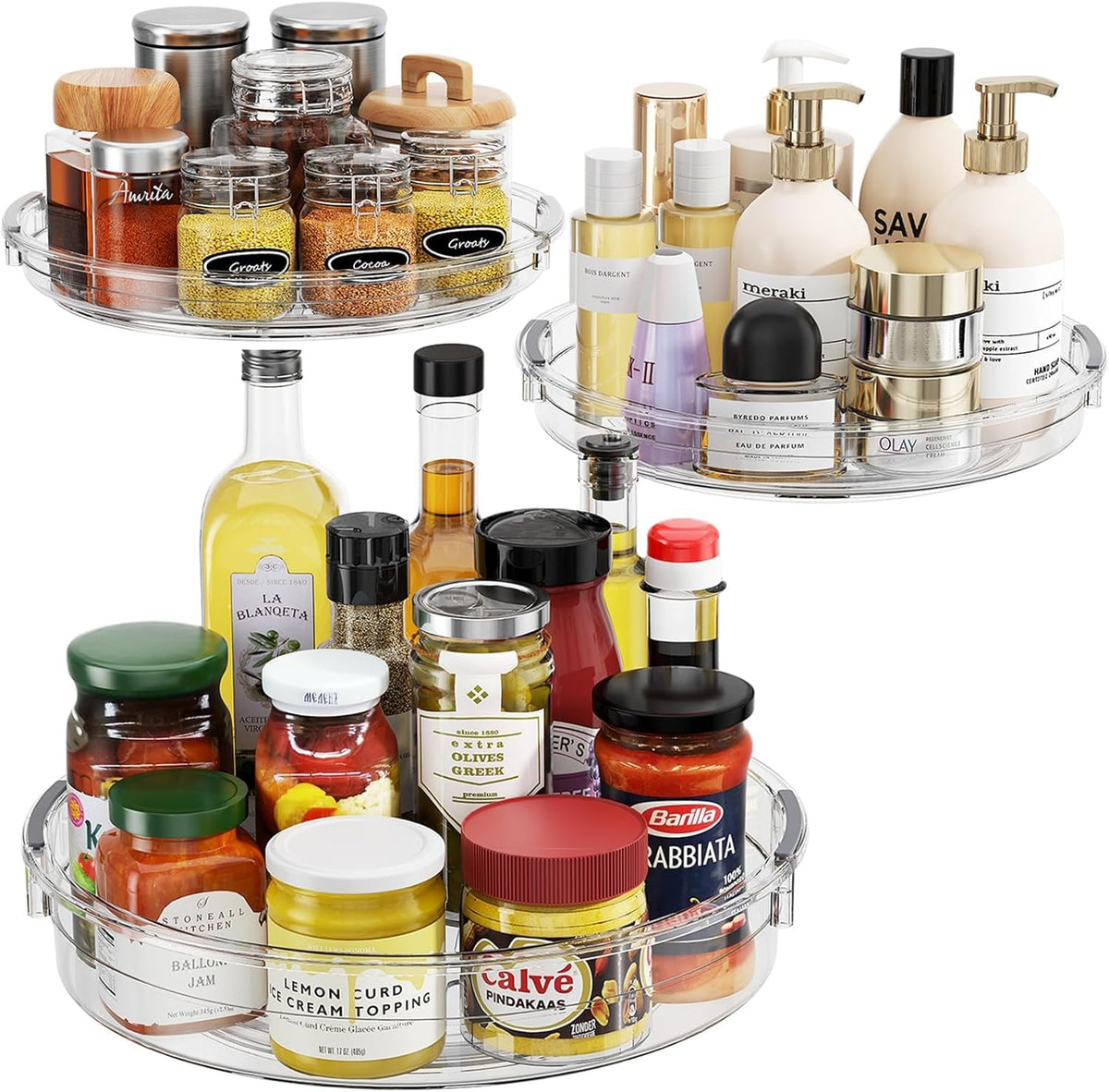 LAMU 3-pack Lazy Susan assembly demonstrates versatile cabinet storage.