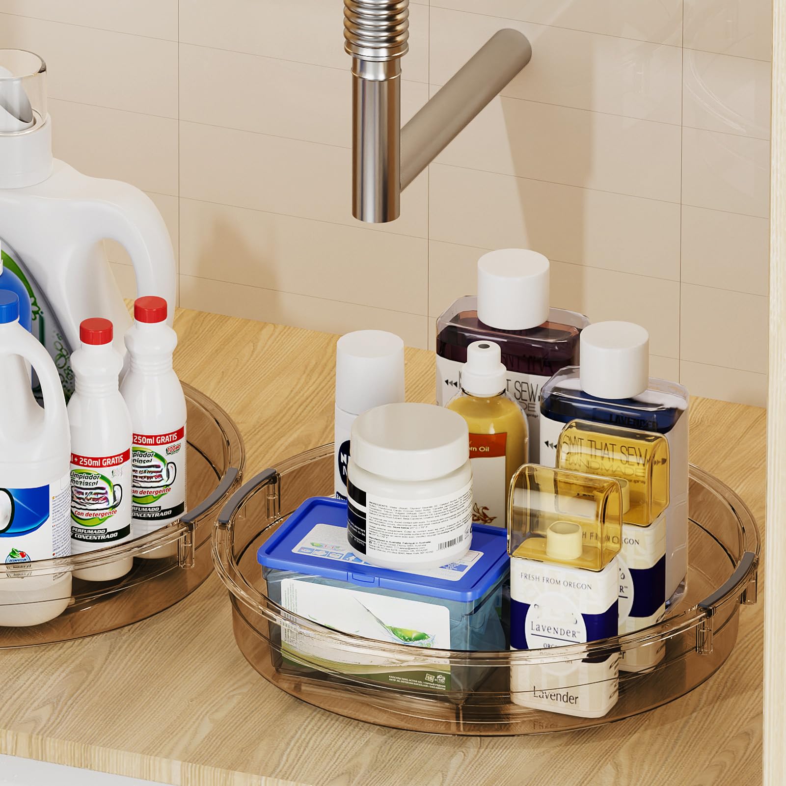 LAMU bathroom storage spins to reveal medicines and cosmetics easily.