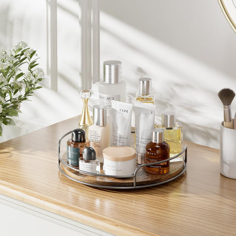 LAMU wooden Lazy Susan includes non-slip pads for stable rotation.