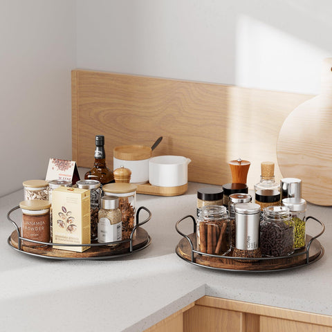 LAMU wooden Lazy Susan organizes cabinets and pantries for tidy storage.