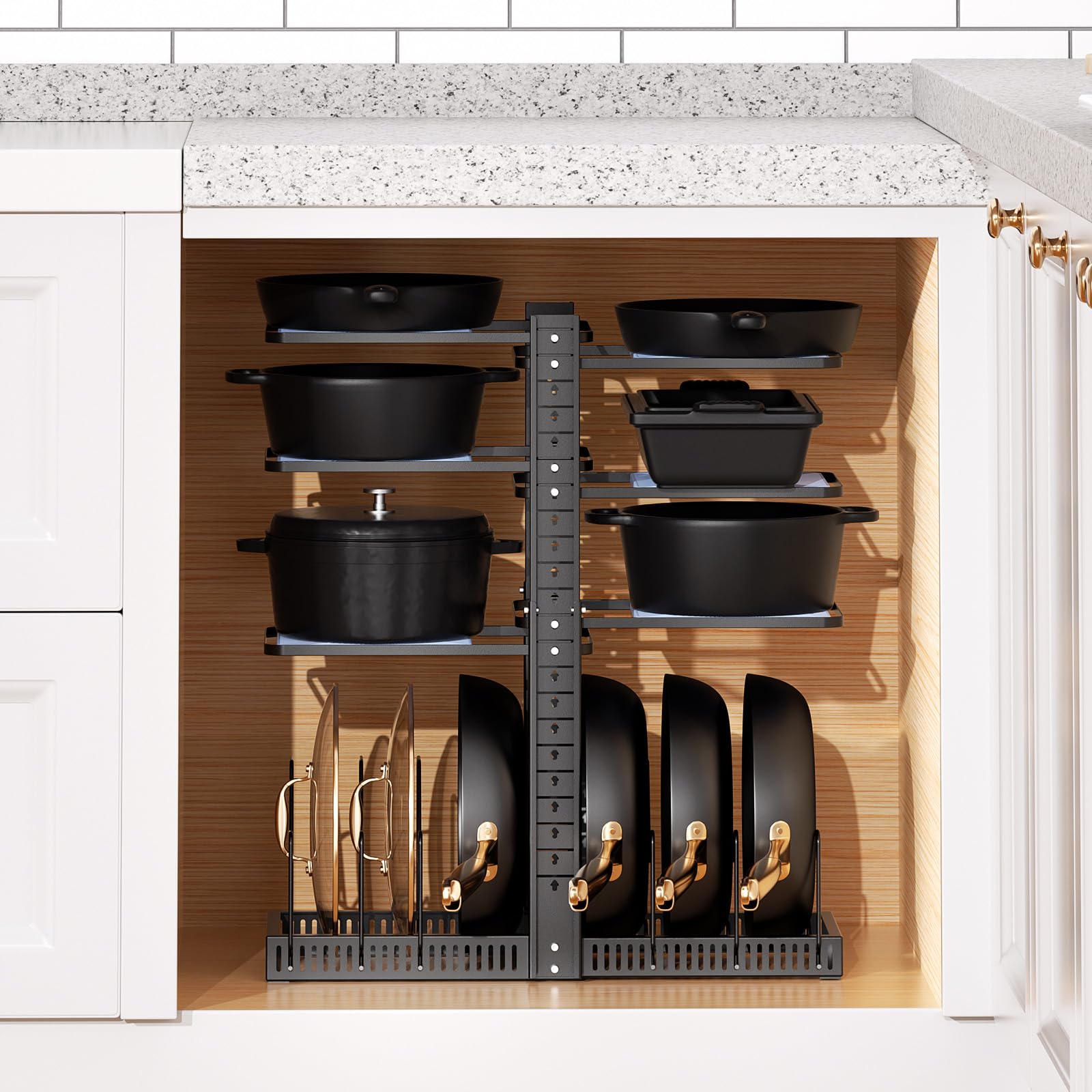 LAMU kitchen organization solution creates a tidy, accessible cookware area.