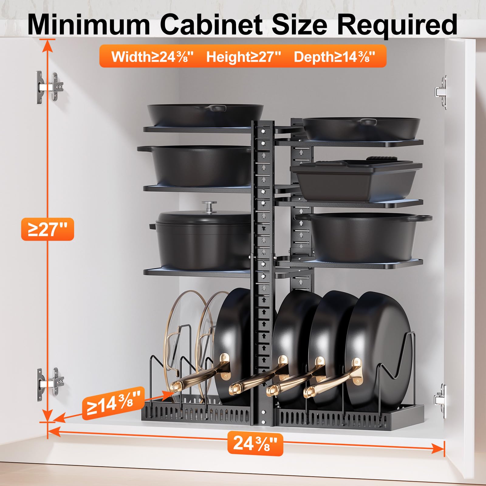 LAMU pan pot organizer inside cabinet with six shelves offers adjustable storage space.