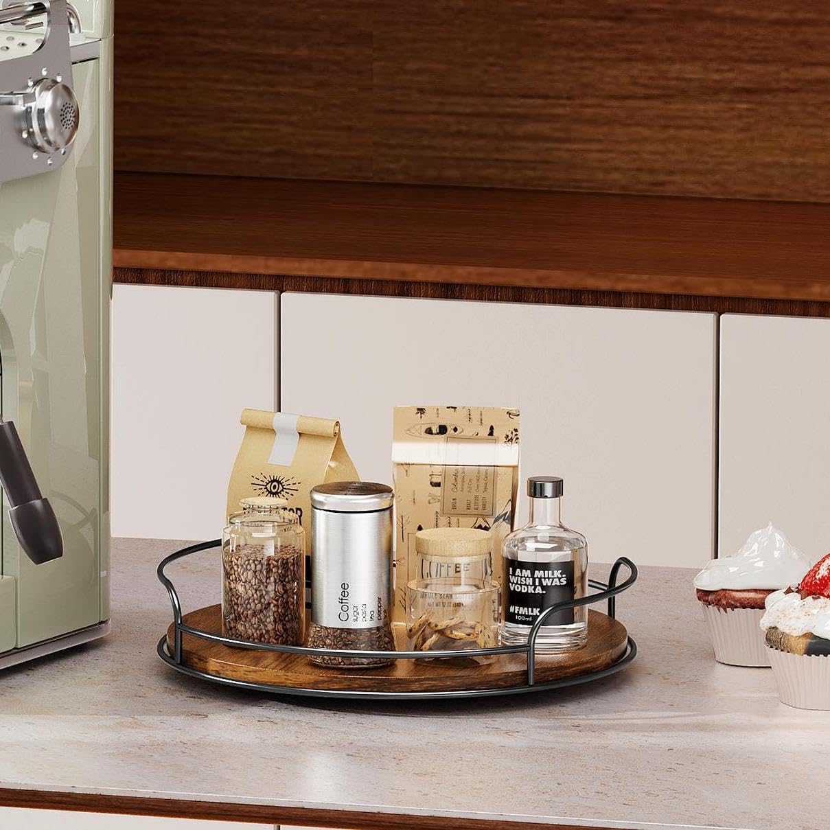 LAMU pantry storage with smaller and larger Lazy Susans for shelves.