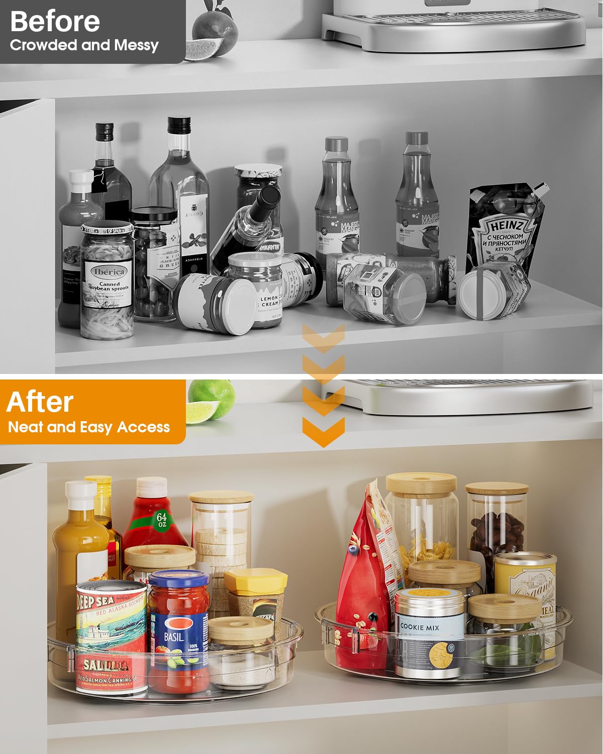 LAMU pantry Lazy Susan helps organize snacks and jars with visibility.