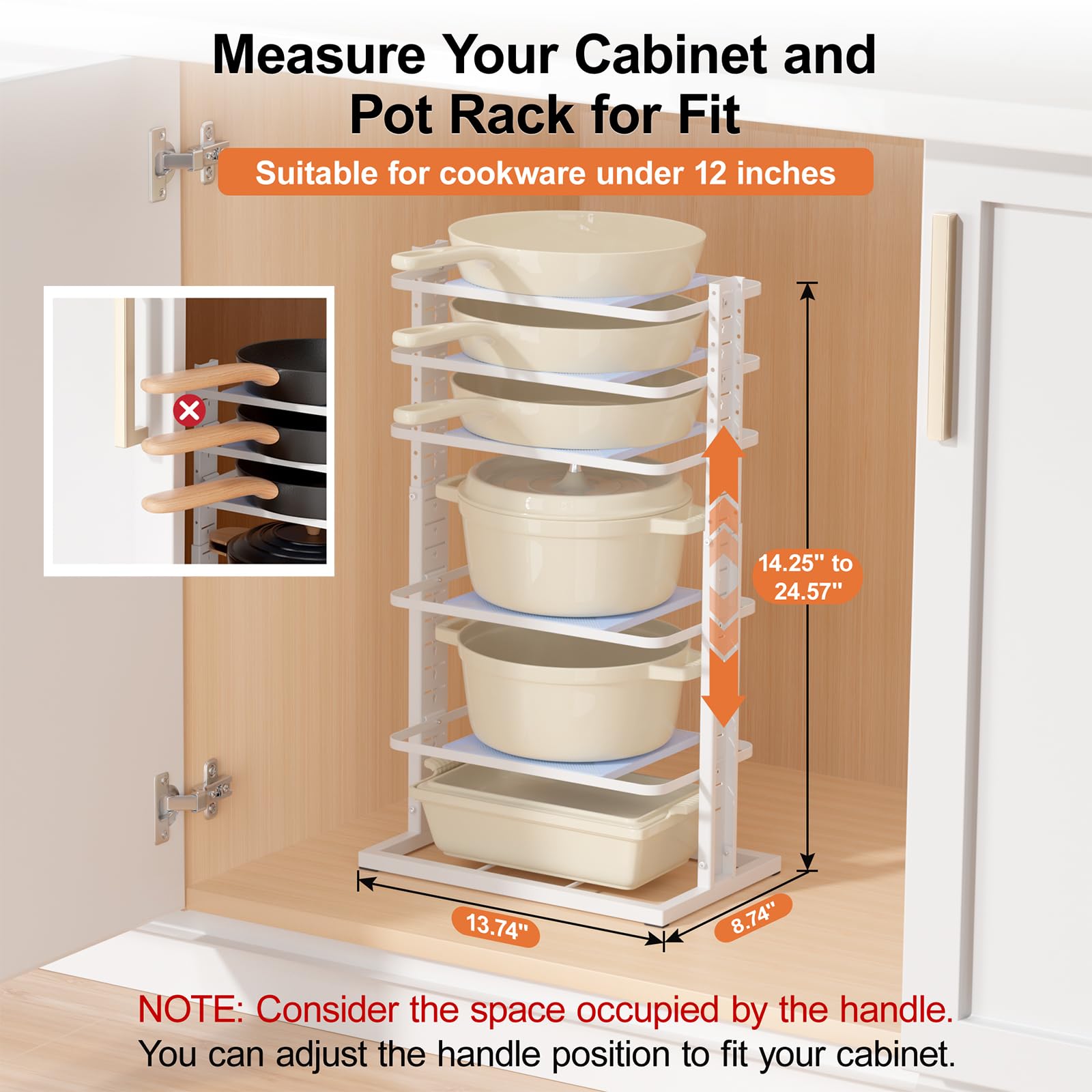 LAMU extendable height pot rack inside cabinet demonstrates adjustable height for diverse pots