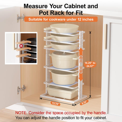 LAMU extendable height pot rack inside cabinet demonstrates adjustable height for diverse pots