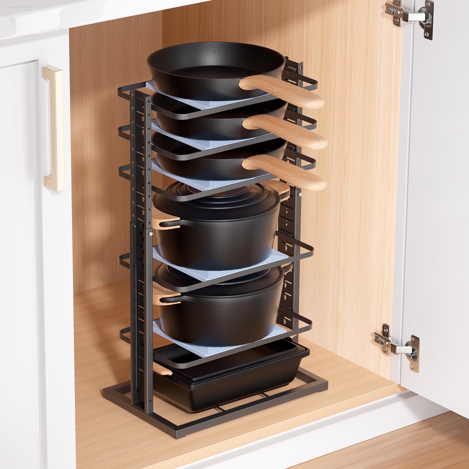 LAMU pots and pans organizer under cabinet 6-tier keeps cookware neatly stored and accessible.