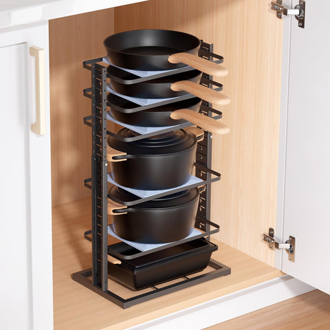 LAMU pots and pans organizer under cabinet 6-tier keeps cookware neatly stored and accessible.