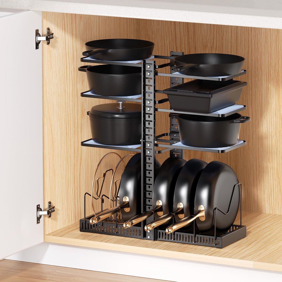 LAMU pots and pans organizer under cabinet keeps cookware neatly stored and accessible.