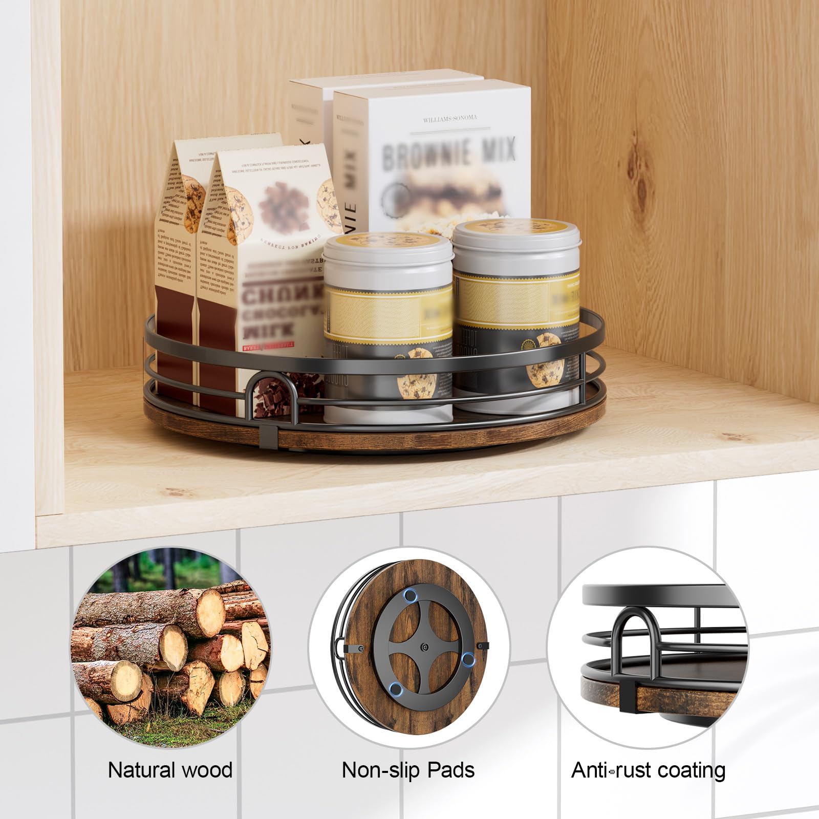 LAMU wood-base Lazy Susan detail highlights durable construction with rustic charm.