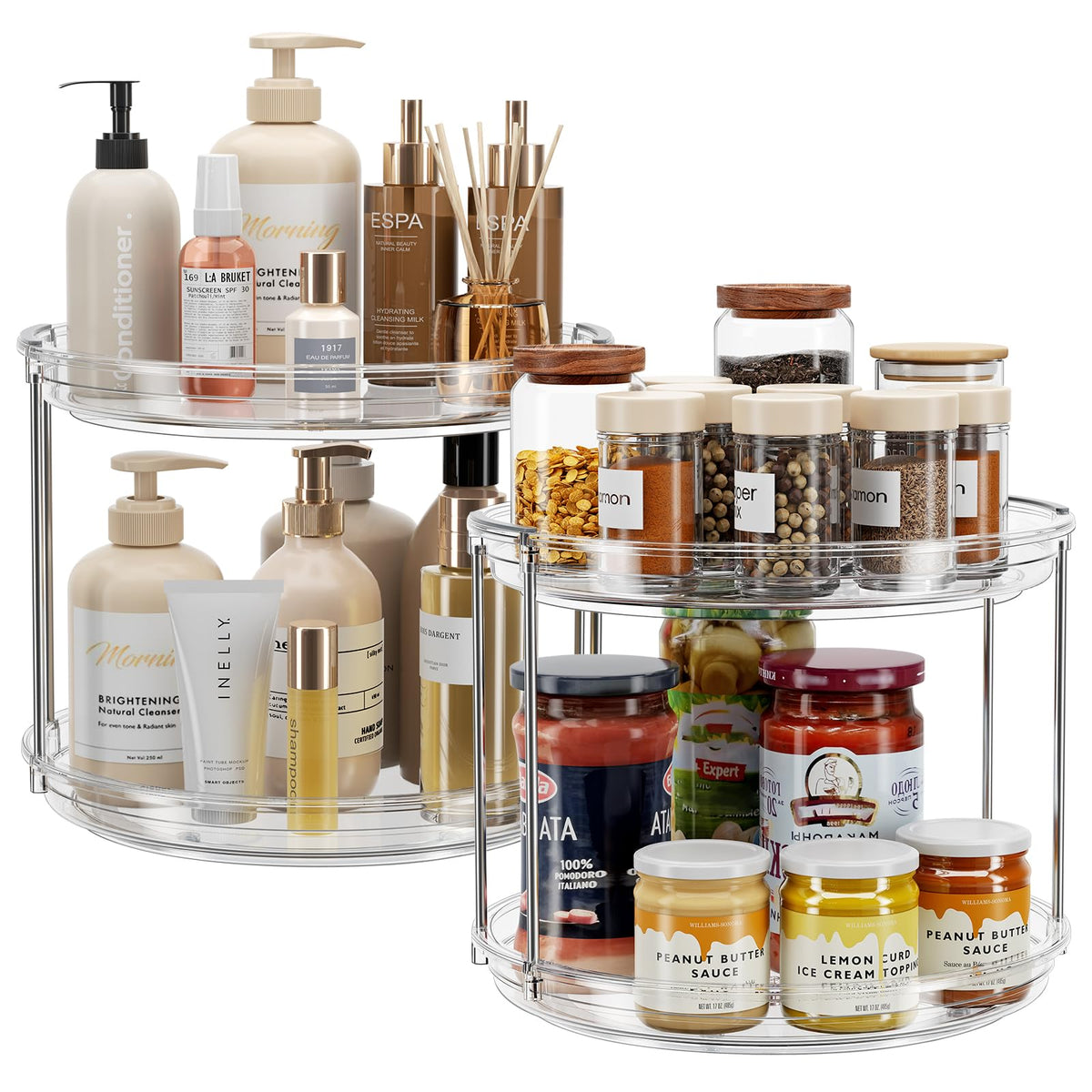 LAMU two-tier lazy susan assembly showing compact cabinet storage.
