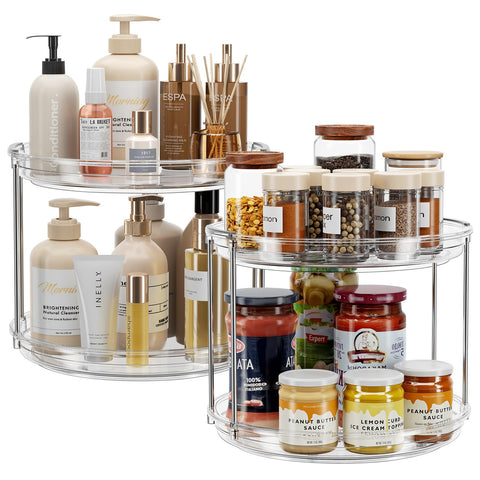 LAMU two-tier lazy susan assembly showing compact cabinet storage.