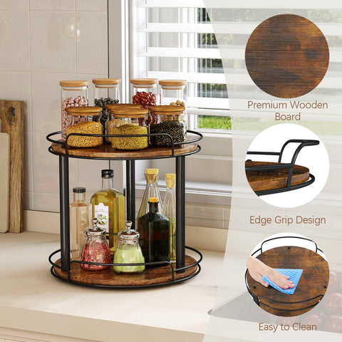 LAMU two-tier wood lazy susan spice rack organized on countertop.