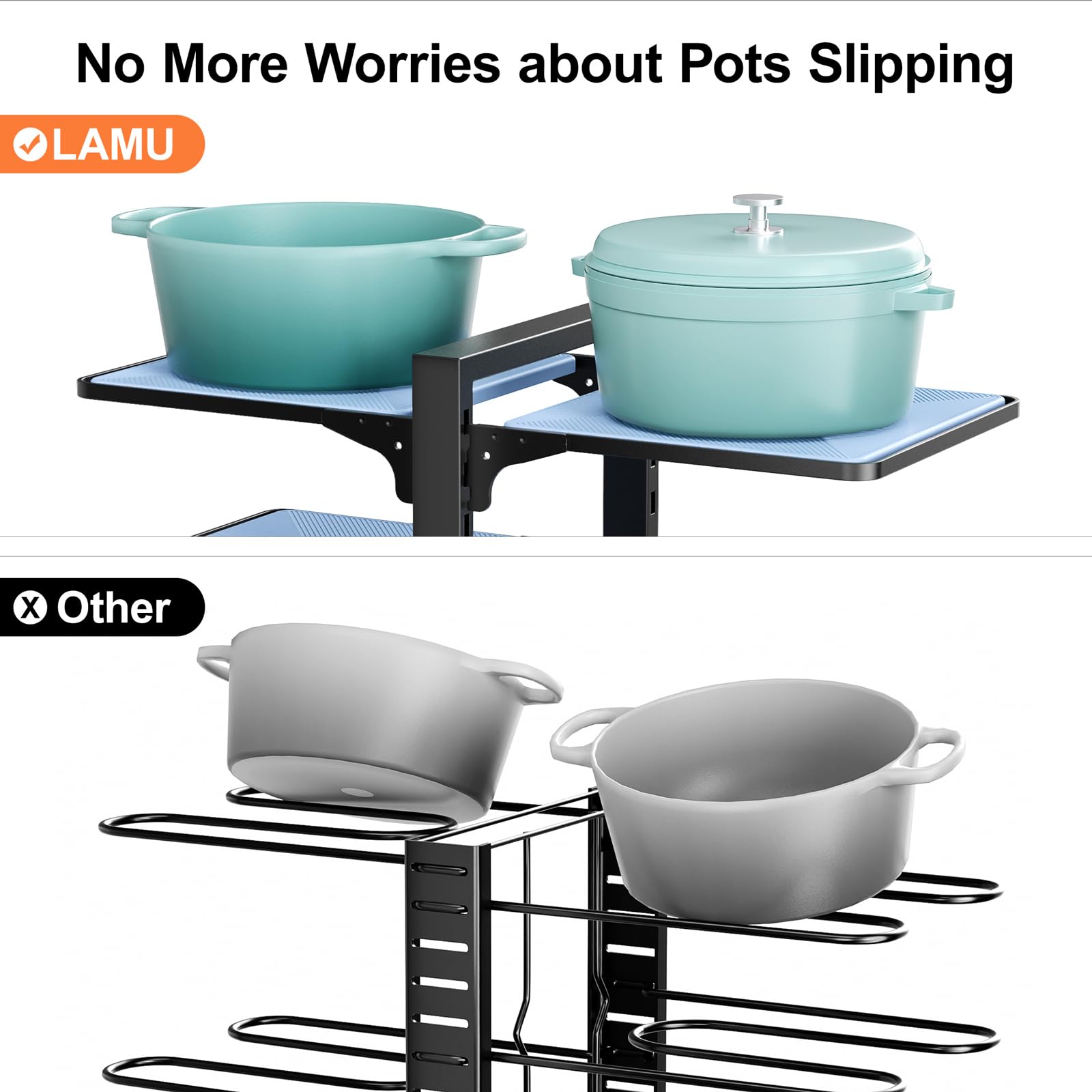 LAMU under-cabinet pan rack shows 15-inch height for compact storage.