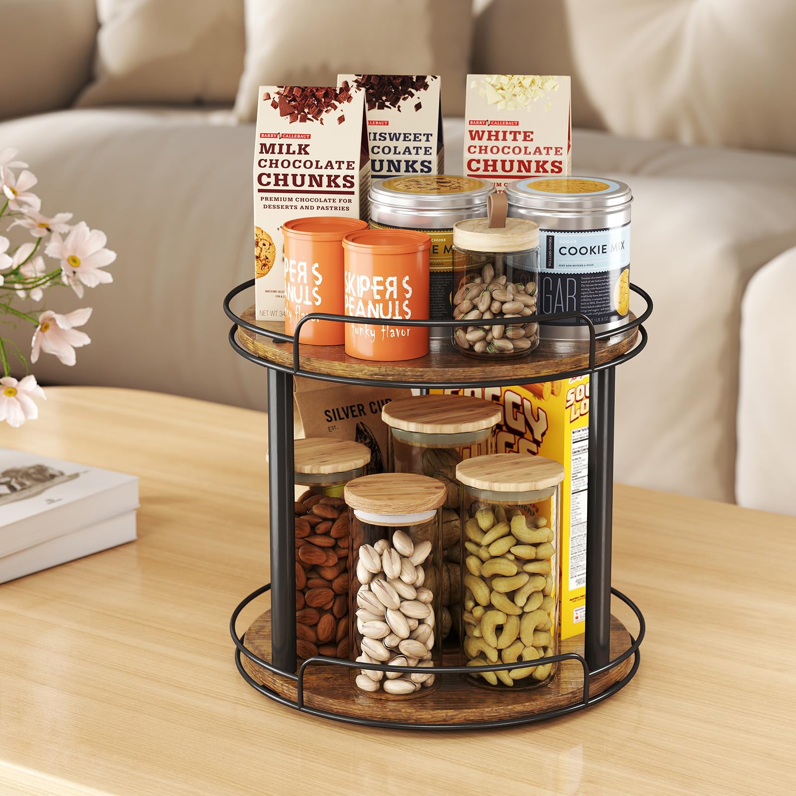 LAMU wood lazy susan for cabinet and countertop space-saving storage.