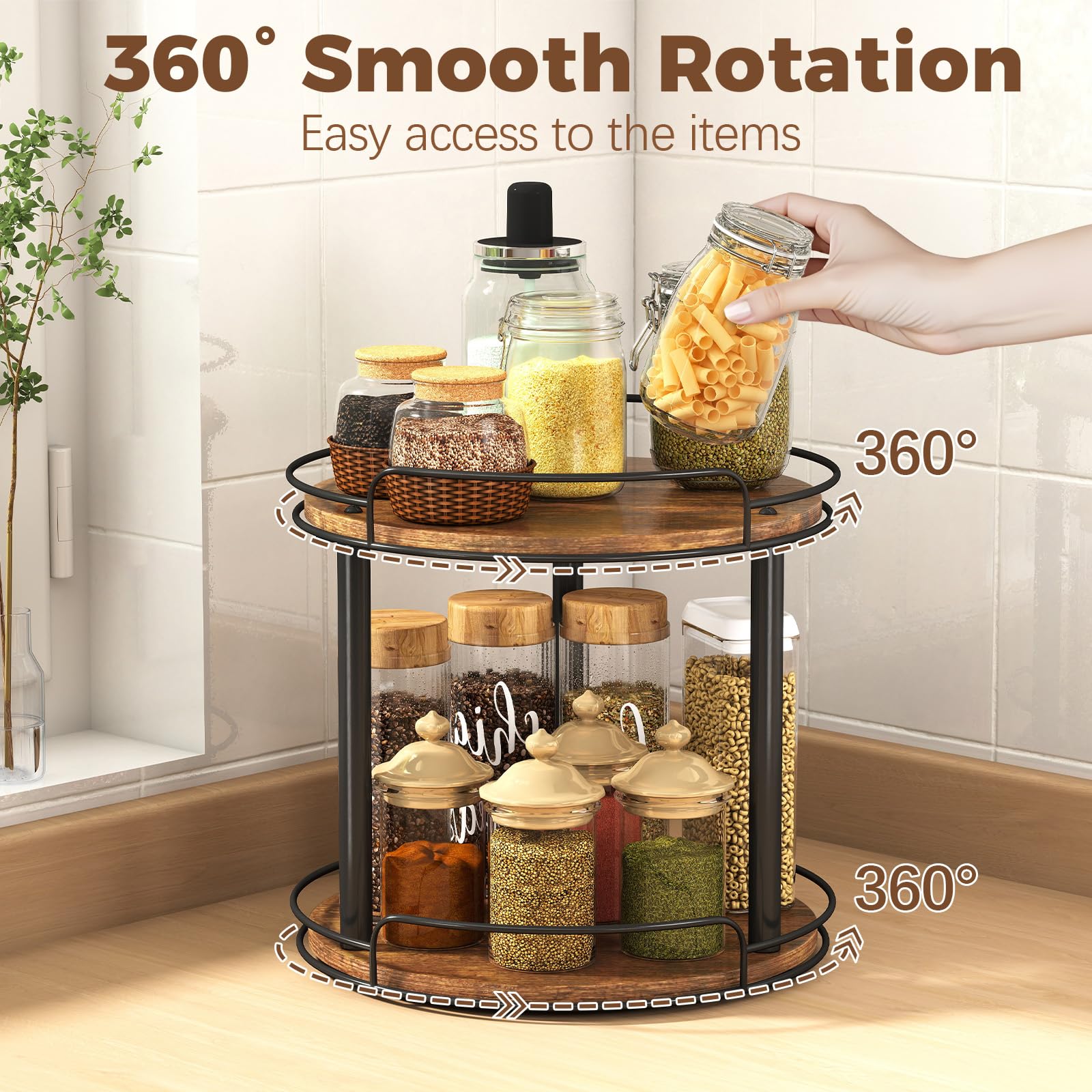 LAMU wood lazy susan rotating tabletop organizer in cabinet.