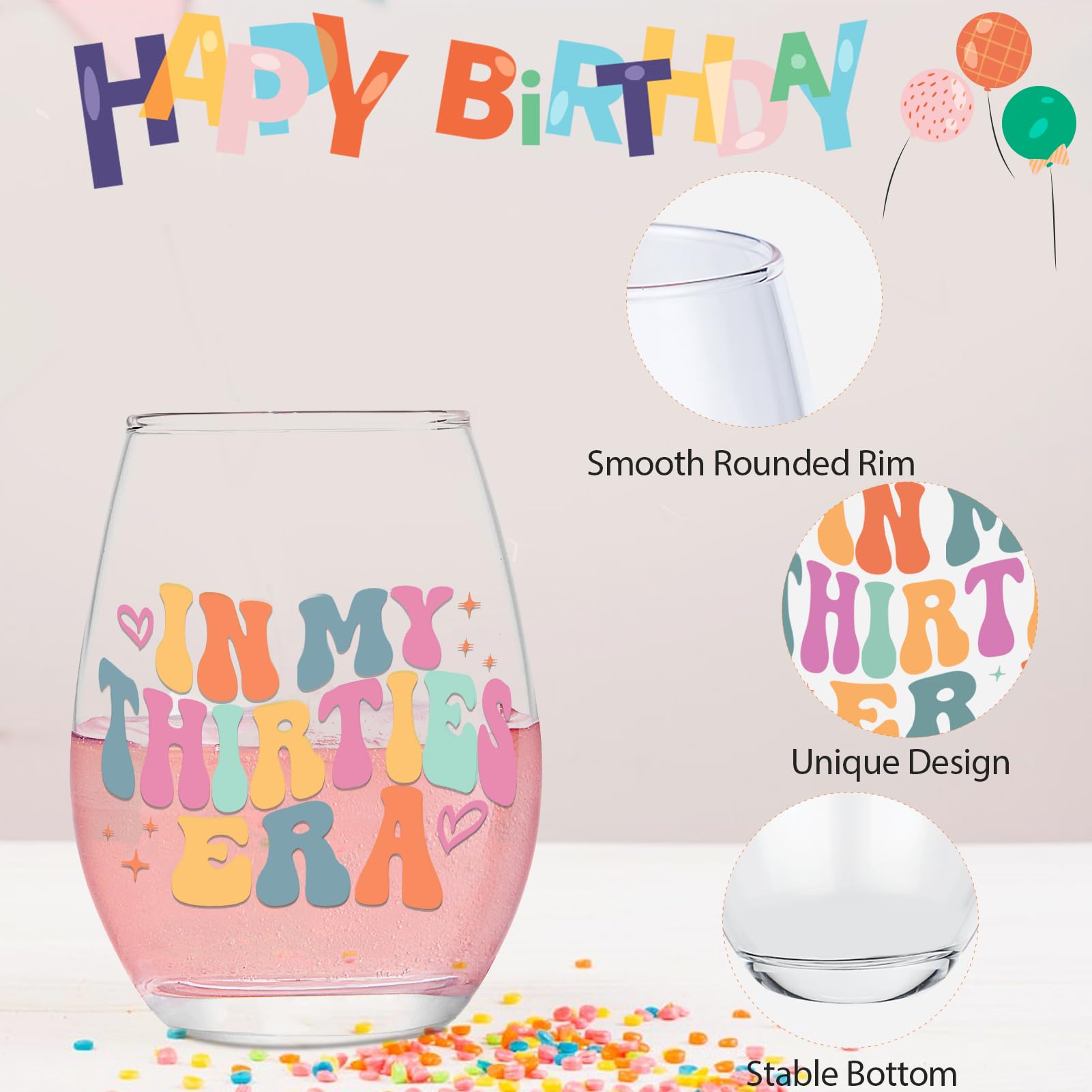 Lamyba colorful words glass adds whimsy to gatherings and birthday celebrations.