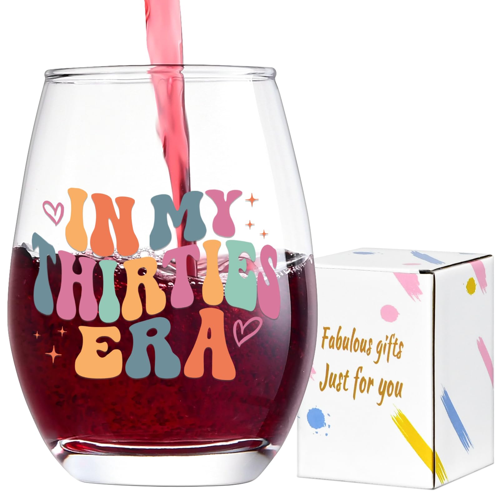 Lamyba In My Thirties Era wine glass with colorful words, perfect for a stylish birthday toast.