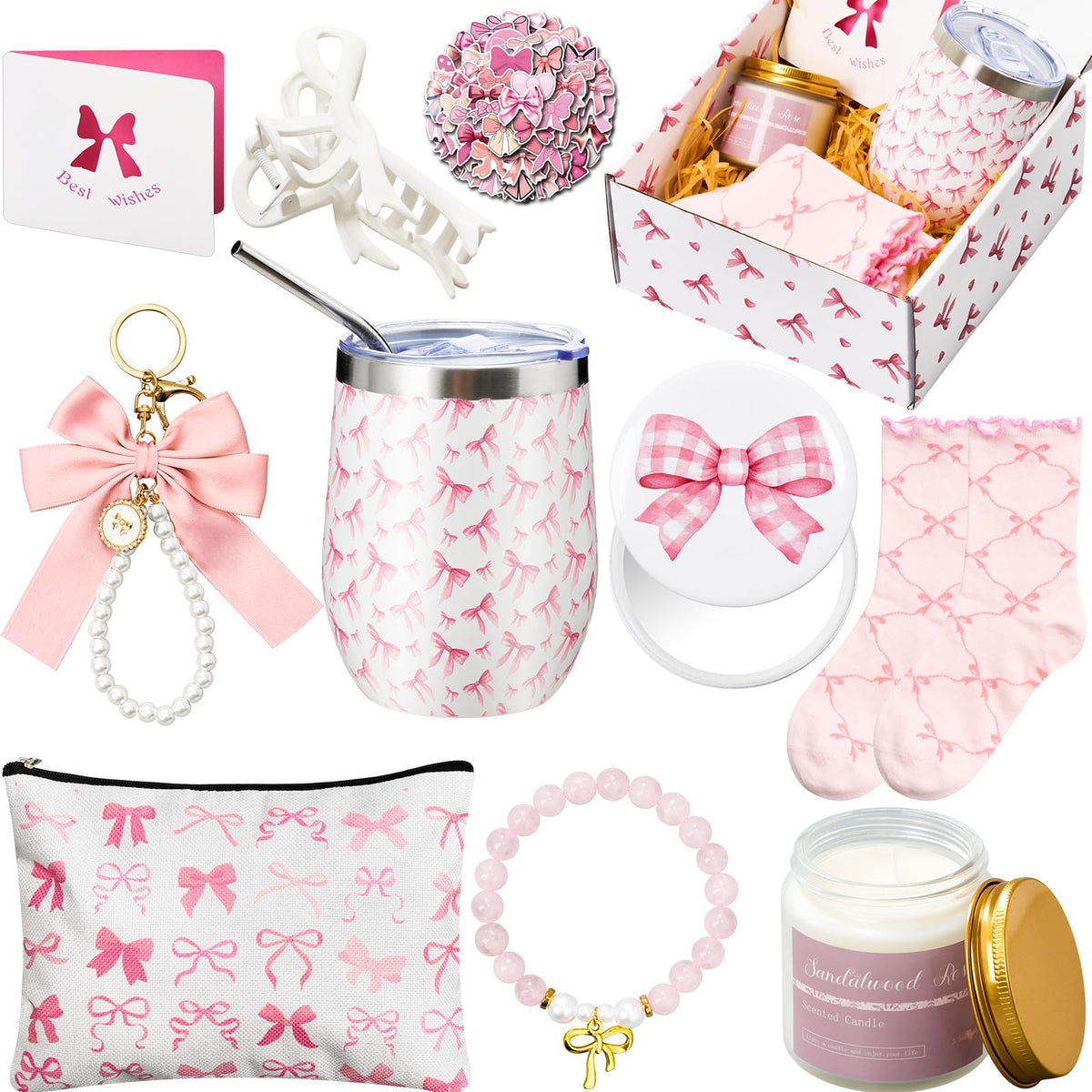 Landical pink bow tumbler with insulated design for on-the-go drinks.