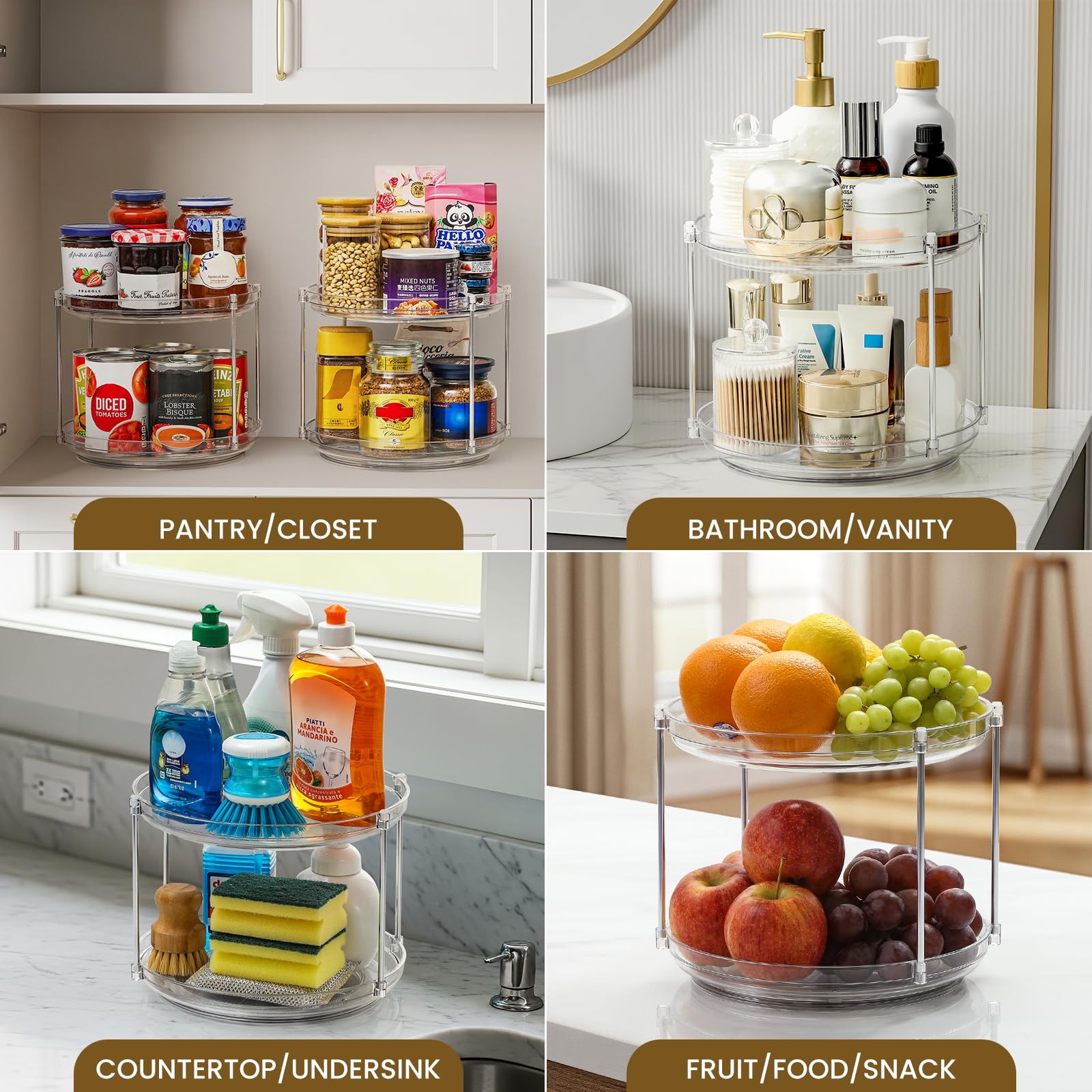 LANDNEOO 2-Tier Lazy Susan fridge-storage demonstrates organized drinks and produce access