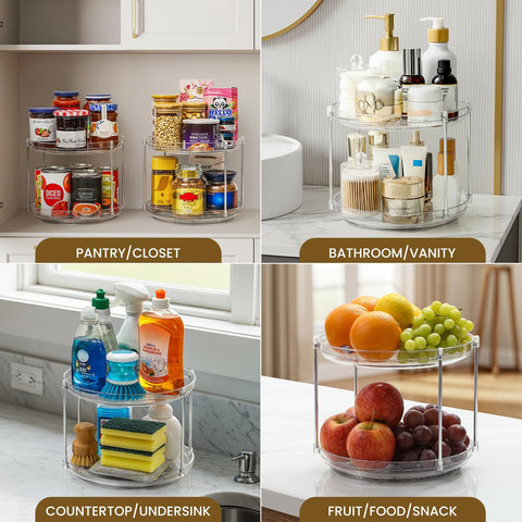 LANDNEOO 2-Tier Lazy Susan fridge-storage demonstrates organized drinks and produce access