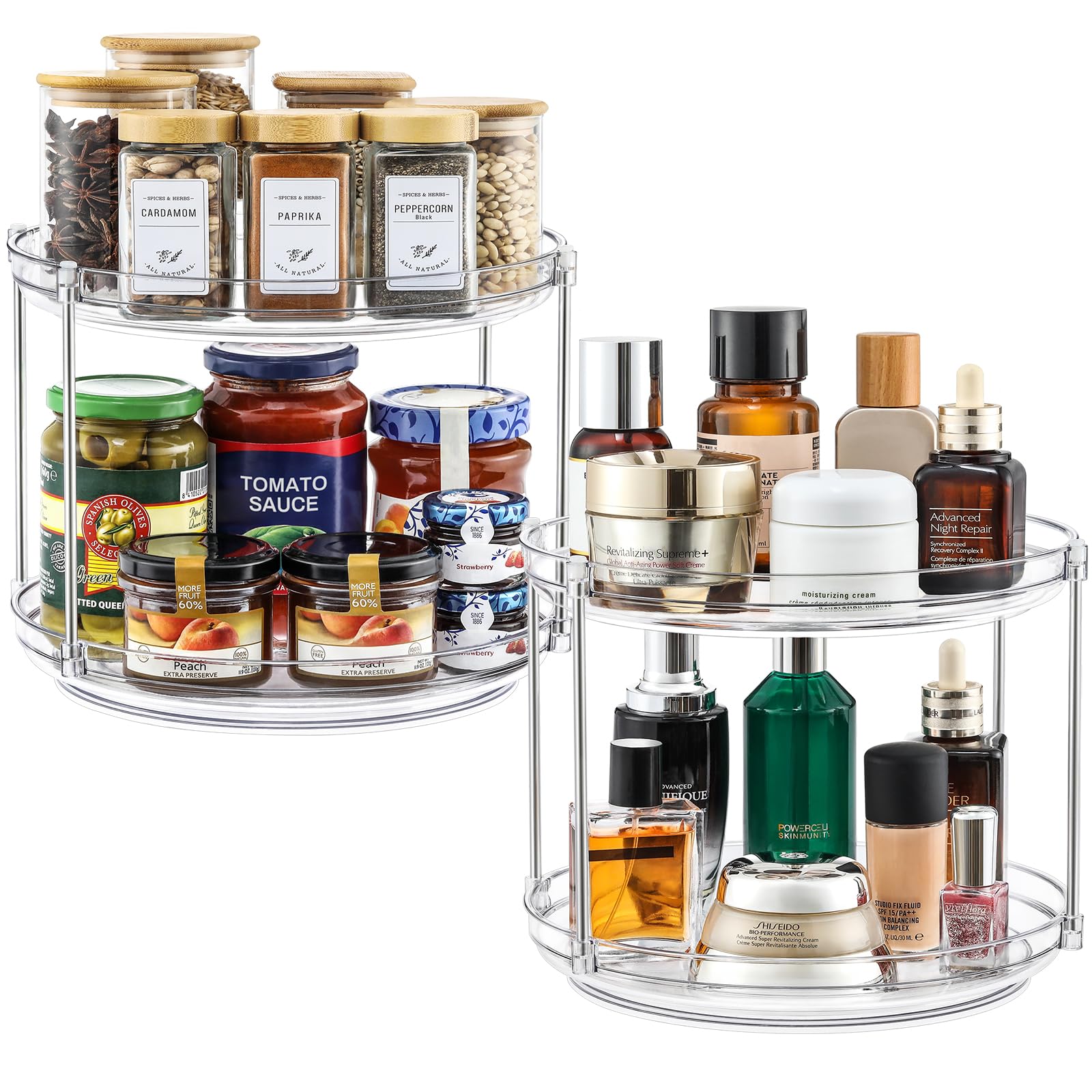 LANDNEOO 2-Tier Lazy Susan top view shows accessible spice storage with smooth rotation