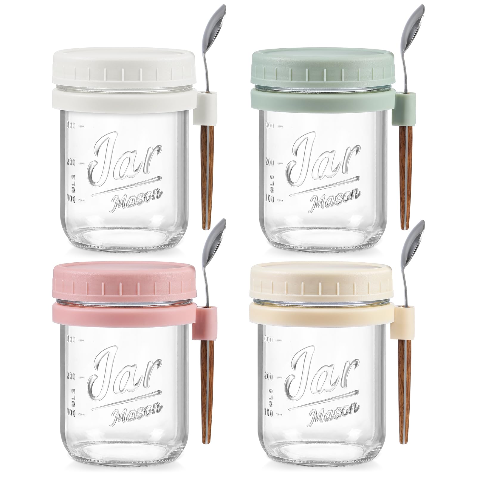 LANDNEOO 4-pack jars with lids and spoons for organized breakfast prep