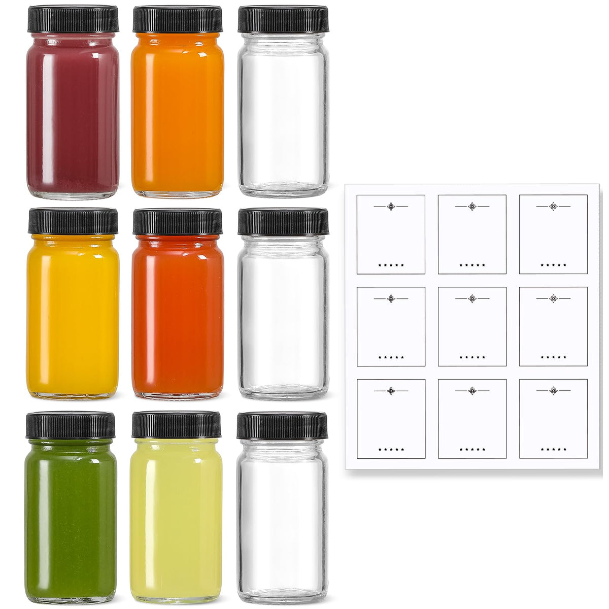 LANDNEOO 9-pack 2oz glass shot bottles with black lids for travel and mess-free portions.