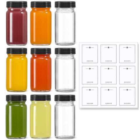 LANDNEOO 9-pack 2oz glass shot bottles with black lids for travel and mess-free portions.